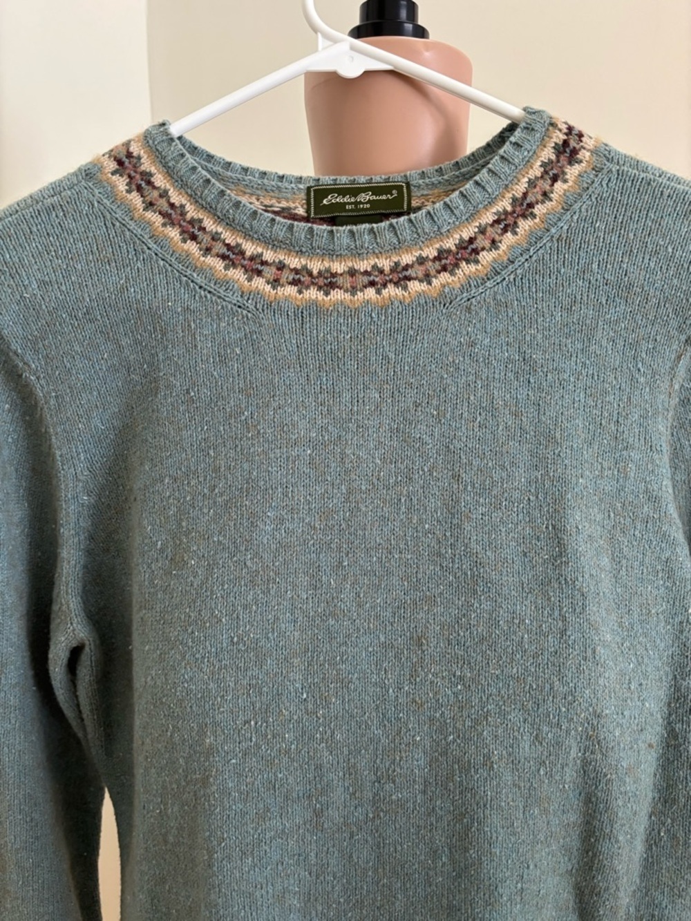 Vintage Eddie Bauer Teal Crewneck Sweater with Fair Isle Trim - Picture 3 of 10